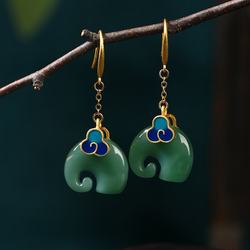 Gold-plated niche cold enamel Xiangyun elephant imitation Hetian jade retro cheongsam style earrings earrings jade jewelry