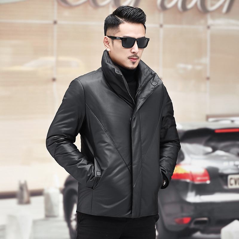 Brand Haining Genuine Leather Jacket for Men, Stand Collar, White Duck Down, Leather Jacket, Sheepskin Coat, Thickened and Fleece-Lined