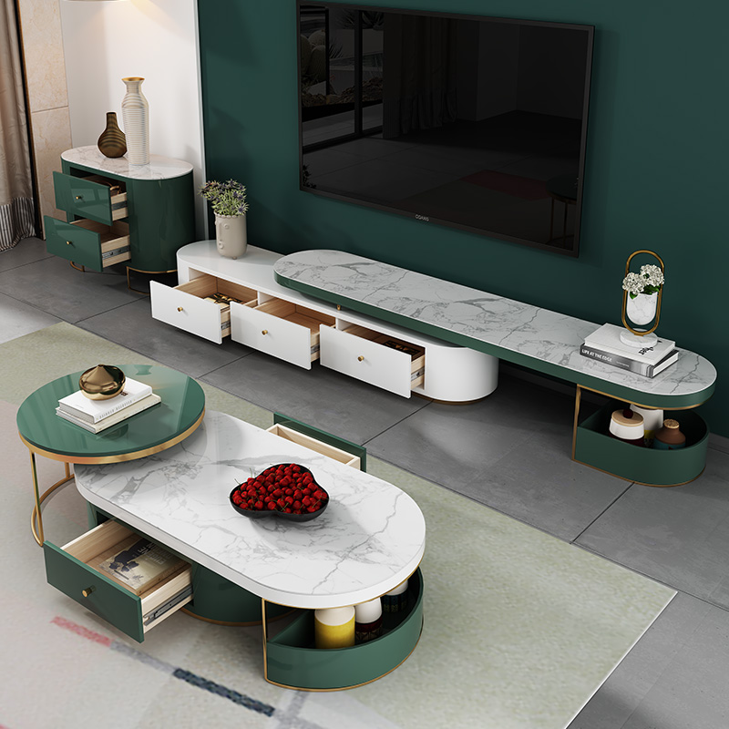 TV cabinet Tea Table Combo Modern Minima High-end Light Lavish Retractable Ink Green Living Room New Rockboard TV Cabinet