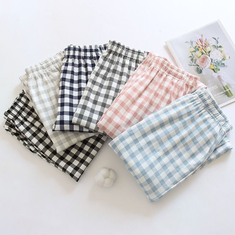 Xinjiang Cotton Women's Summer Thin Cotton Pajama Pants, Japanese-Style Plaid Elastic Waist Pants, Can Be Worn Outside, All-Cotton Home Slimming Pants