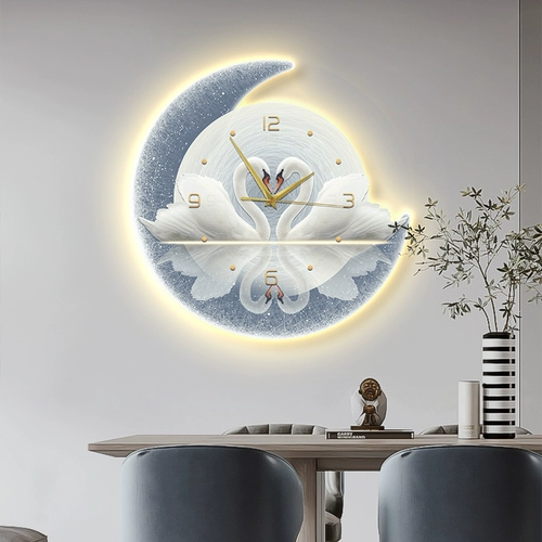 Декоративная живопись для ресторана, современный свет, роскошный фон для гостиной, настенные часы, светодиодные светящиеся настенные часы, лебединые часы, столовая, висящая картина