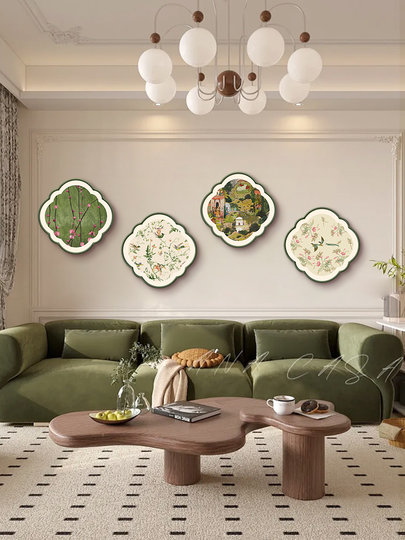 2025 new living room decoration painting creative shape four-part mural cream style floral sofa background wall hanging painting