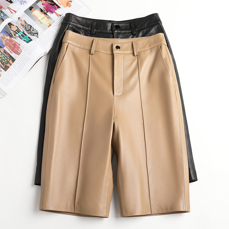 2025 Spring and Autumn New Genuine Leather Shorts, Five-Point Shorts, Casual Pants, High-Waisted, Loose, Slimming Mid-Length Straight Shorts for Women