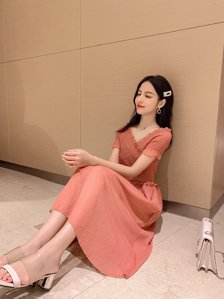 VK旗艦店 韓系復古V領收腰顯瘦紅色格子短袖洋裝