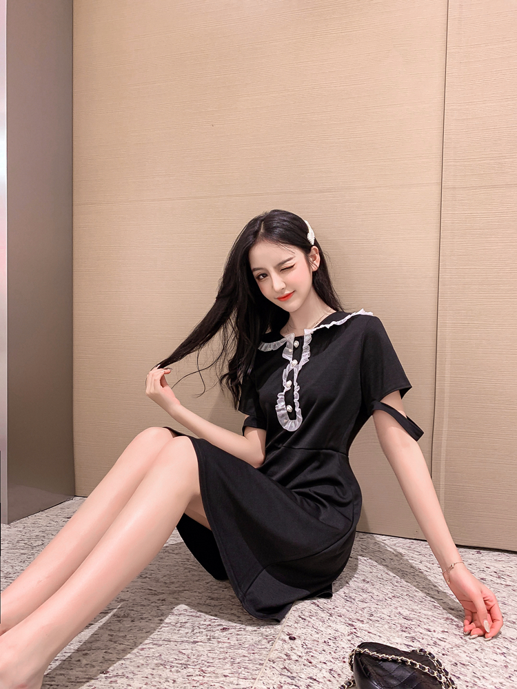 VK旗艦店 韓系高腰氣質顯瘦復古木耳邊娃娃領短袖洋裝