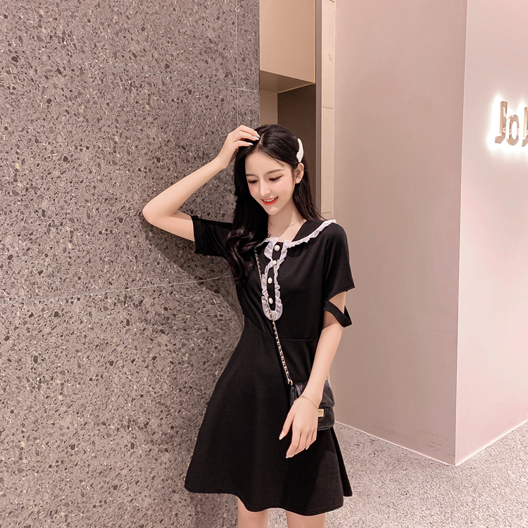 VK旗艦店 韓系高腰氣質顯瘦復古木耳邊娃娃領短袖洋裝
