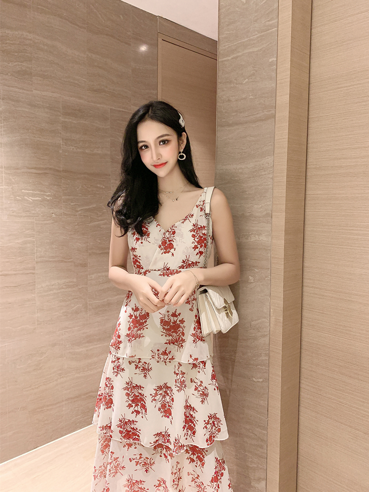 VK旗艦店 韓國風名媛氣質碎花吊帶蛋糕裙雪紡無袖洋裝