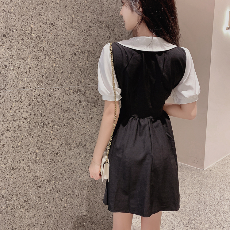 VK旗艦店 韓系泡泡袖假兩件學生娃娃領拼接短袖洋裝