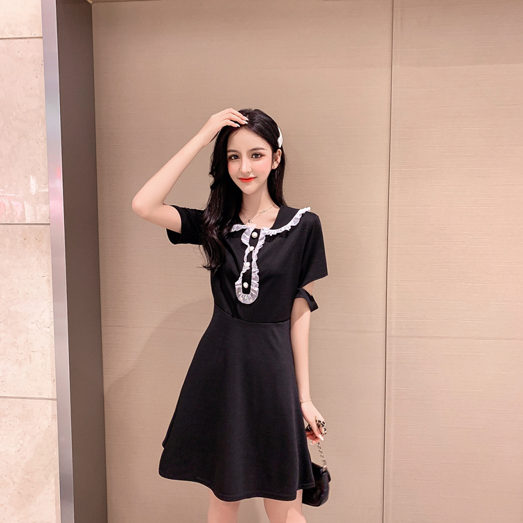 VK旗艦店 韓系高腰氣質顯瘦復古木耳邊娃娃領短袖洋裝