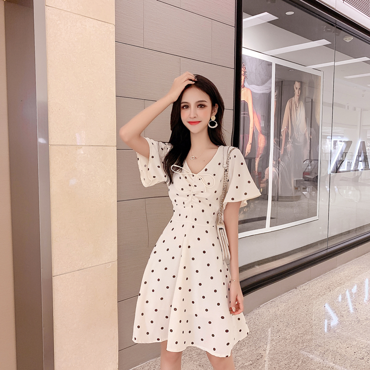 VK旗艦店 韓系復古波點抽褶系帶顯瘦氣質雪紡短袖洋裝