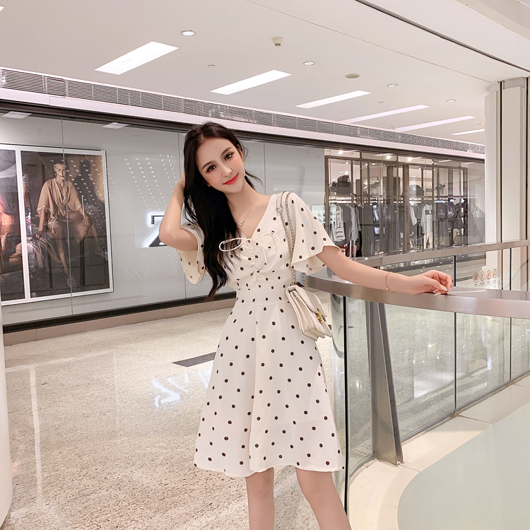 VK旗艦店 韓系復古波點抽褶系帶顯瘦氣質雪紡短袖洋裝
