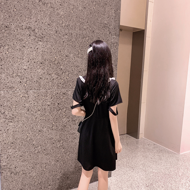VK旗艦店 韓系高腰氣質顯瘦復古木耳邊娃娃領短袖洋裝