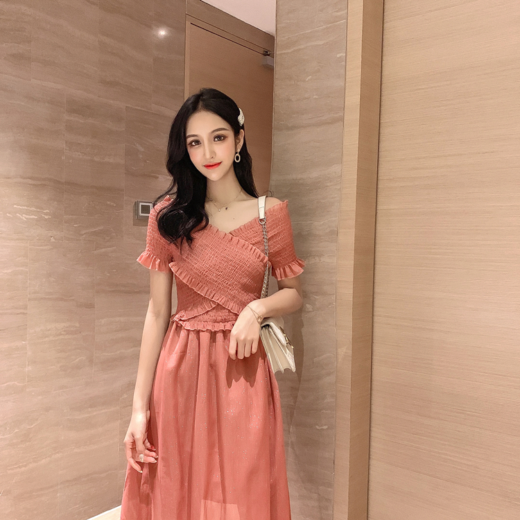 VK旗艦店 韓系復古V領收腰顯瘦紅色格子短袖洋裝