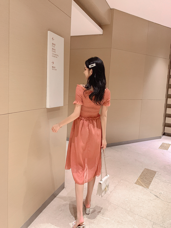 VK旗艦店 韓系復古V領收腰顯瘦紅色格子短袖洋裝