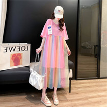 Maternity summer tops mesh yarn T small man temperament summer mid-length short-sleeved skirt plus size foreign dress