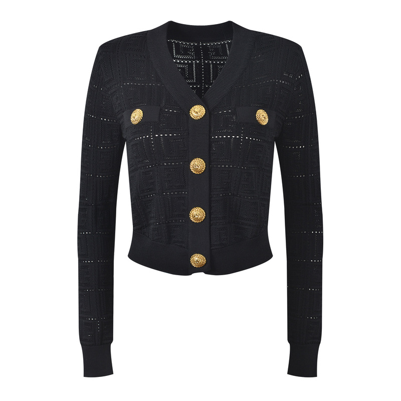 High-End European French Style Parisian Elegant Socialite Fragrance V-Neck Lion Head Gold Buckle Knitted Cardigan Long-Sleeve Top