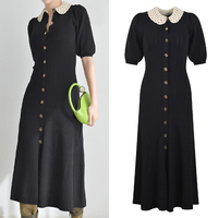High-end version European French style SD black slim-fitting crocheted doll collar slim knitted long dress