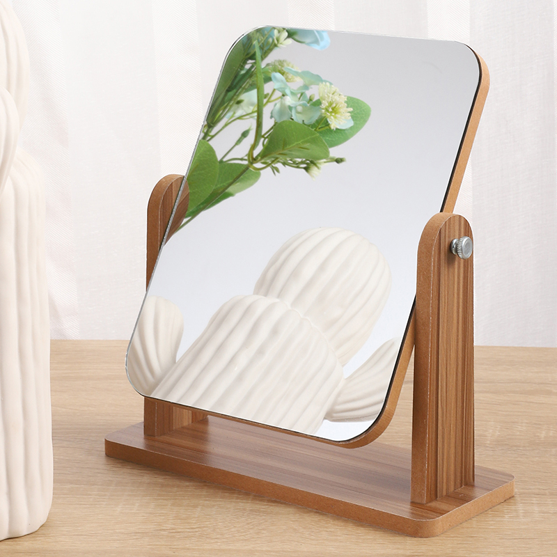 Wooden Mirror Desktop Beauty Cosmetic Mirror Household Student Bedroom Makeup Mirror can be rotated 360