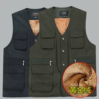 Trung niên cộng nhung nhung ấm áp vest nam mùa đông cộng với tóc dày vest nhiều túi vest vai bố áo ba lô nam