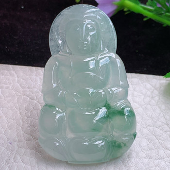 Gp real shot 60.6*36.3*8.3 laokeng finely carved ice floating flowers thickly decorated zhengzhuang jadeite guanyin brand jade pendant