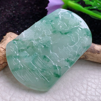 Ktj real shot 47.2*32.3*5 natural jade landscape brand glue-like floating flowers great rivers and mountains landscape jade pendant