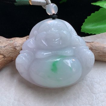Zen real shot 36.6*40.5*12.6 burmese jade carved green happy buddha buddha jade pendant sweater pendant