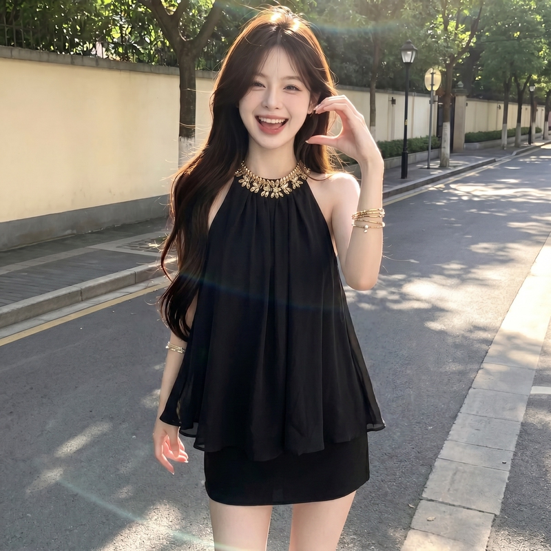 French-Style High-End Black Halter Chiffon Top for Women, Summer Sequined Loose Sleeveless Vest, Elegant Blouse