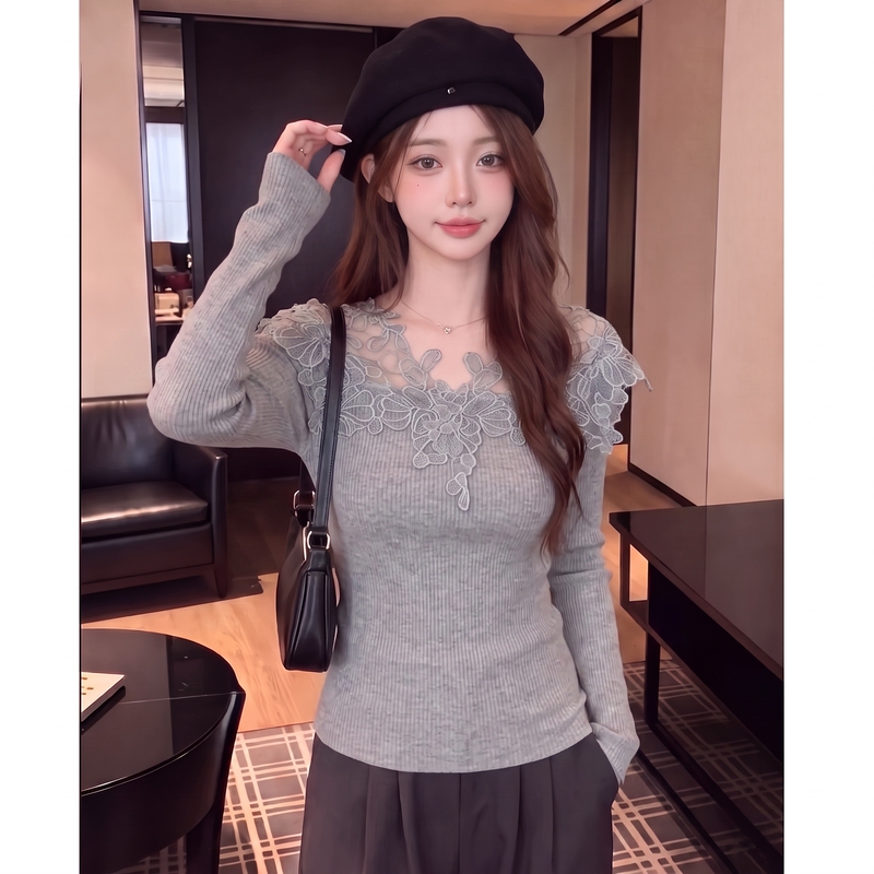 French-Style Gray Lace Patchwork Knit Base Shirt for Women, Autumn and Winter, Light Luxury, High-End Feel, Elegant and Stunning Top French-Style Gray Lace Patchwork Knit Base Shirt for Women, Autumn and Winter, Light Luxury, High-End Feel, Elegant and Stunning Top