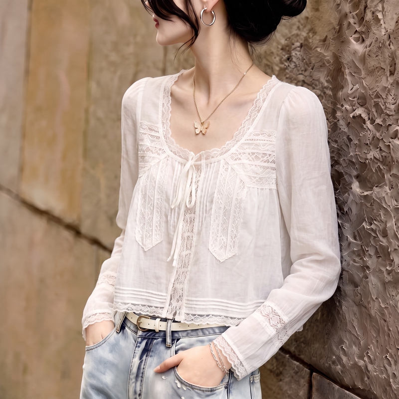 Retro Pastoral Style Lace Cut Out Shirt for Women in Autumn and Summer U-Neck Drawstring Lace-Up Gentle Style Long-Sleeved Top Z