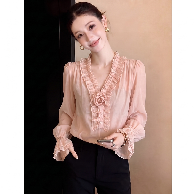 French-Style High-End Pink V-Neck Ruffled Long-Sleeve Shirt for Women, Autumn Design, Niche Three-Dimensional Floral Shirt French-Style High-End Pink V-Neck Ruffled Long-Sleeve Shirt for Women, Autumn Design, Niche Three-Dimensional Floral Shirt