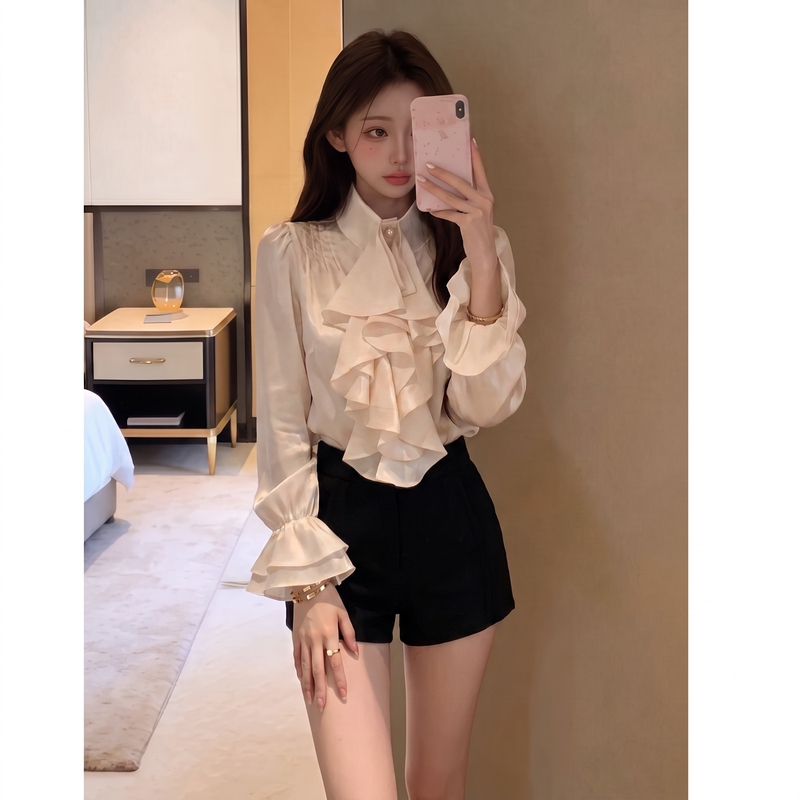 French-Style Stand-Up Collar Ruffled Bell-Sleeve Long-Sleeve Shirt for Women, Autumn Design, Elegant and Mature Style, Outerwear Shirt French-Style Stand-Up Collar Ruffled Bell-Sleeve Long-Sleeve Shirt for Women, Autumn Design, Elegant and Mature Style, Outerwear Shirt