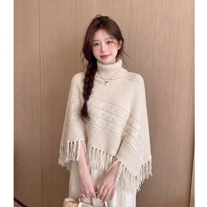 Irregular Tassel Shawl Cape Knit Sweater for Women, Autumn and Winter Vibe, Lazy Style Sweater, Versatile High-Neck Top Irregular Tassel Shawl Cape Knit Sweater for Women, Autumn and Winter Vibe, Lazy Style Sweater, Versatile High-Neck Top