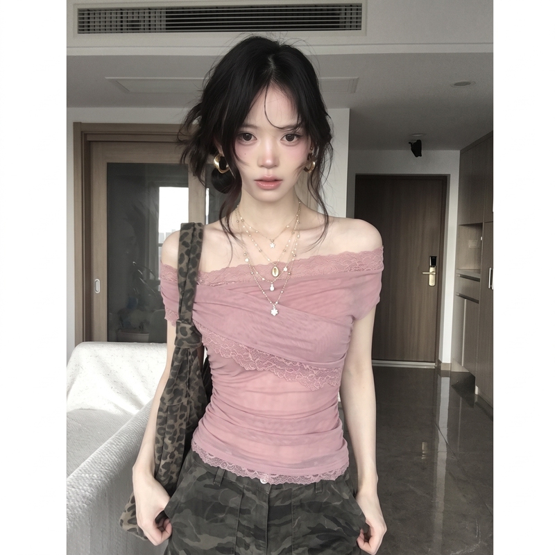 One-Shoulder Lace Patchwork Cross Short-Sleeve T-Shirt for Women, Summer Pure and Alluring Style, Ruched Waist Design, Niche Top Z One-Shoulder Lace Patchwork Cross Short-Sleeve T-Shirt for Women, Summer Pure and Alluring Style, Ruched Waist Design, Niche Top Z
