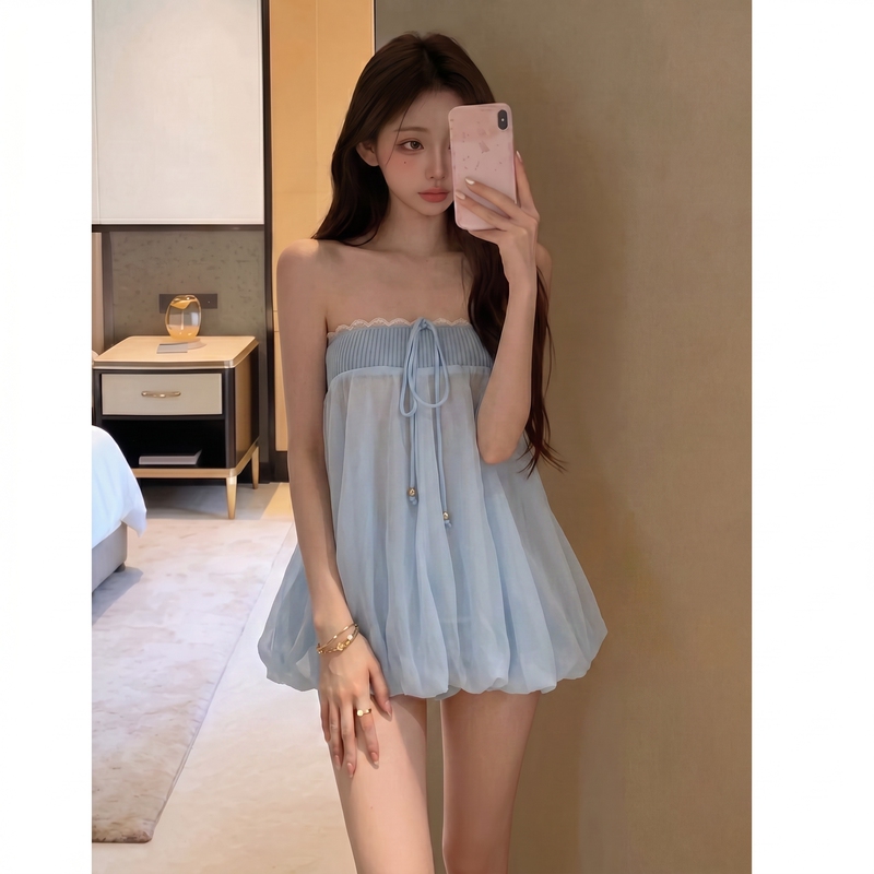 Light Blue Lace Trim Bandeau Two-Piece Set with Bubble Mesh Puffy Skirt and Built-In Safety Shorts to Prevent Exposure