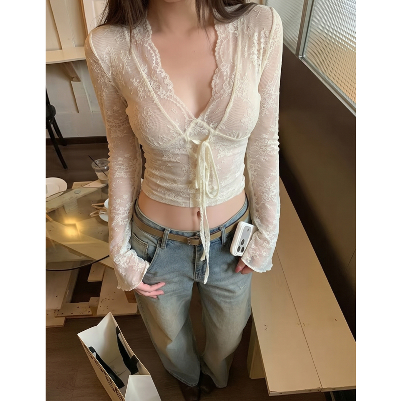 French-Style Pure and Sexy See-Through Lace Base Shirt for Women, Autumn V-Neck Lace-Up Waist-Cinching Slimming Short Top Z French-Style Pure and Sexy See-Through Lace Base Shirt for Women, Autumn V-Neck Lace-Up Waist-Cinching Slimming Short Top Z
