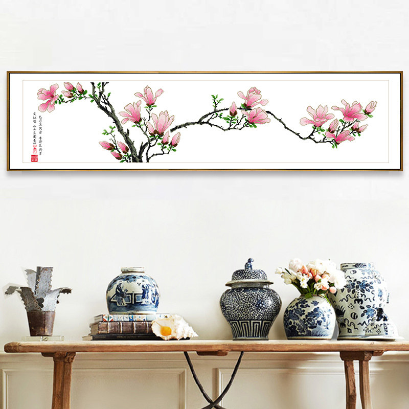 Cross embroidered 2022 new line embroidered floral hand hanging painting large and fresh natural wind home living room modern minima