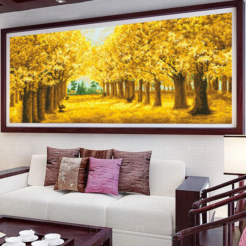 Cross embroidered 2022 new line embroidered living room with great gold full view landscape painting modern self-embroidered