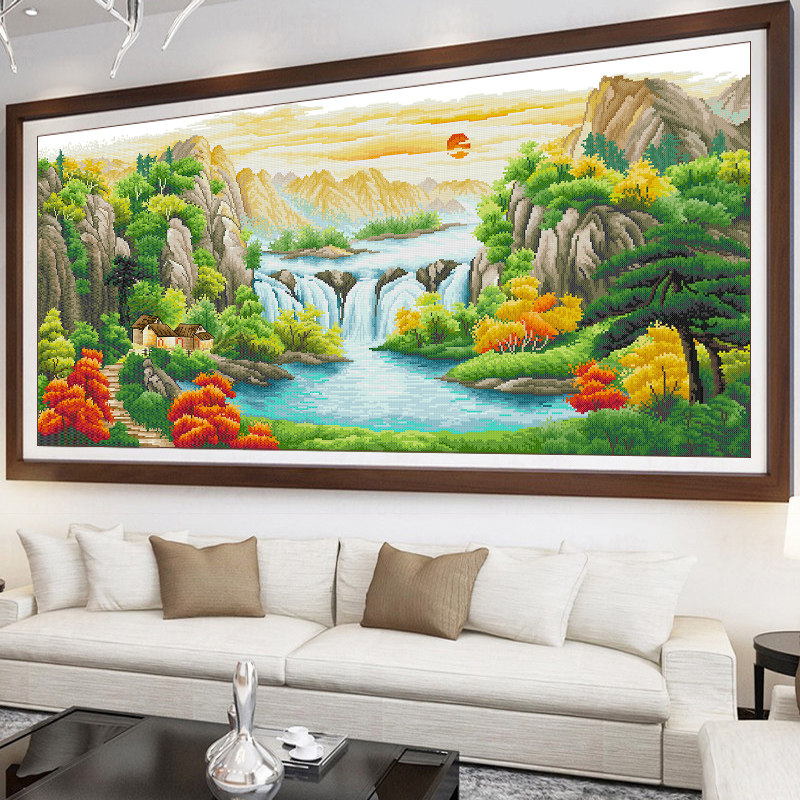 Cross-stitch 2021 new line embroidery large living room bedroom landscape painting treasure pot flowing water to generate money embroidery