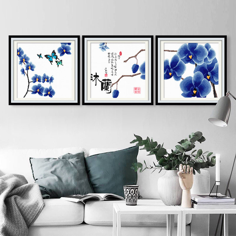 Cross stitch large triptych of orchid 2021 new line embroider own embroider handmade living room bedroom small simple embroider