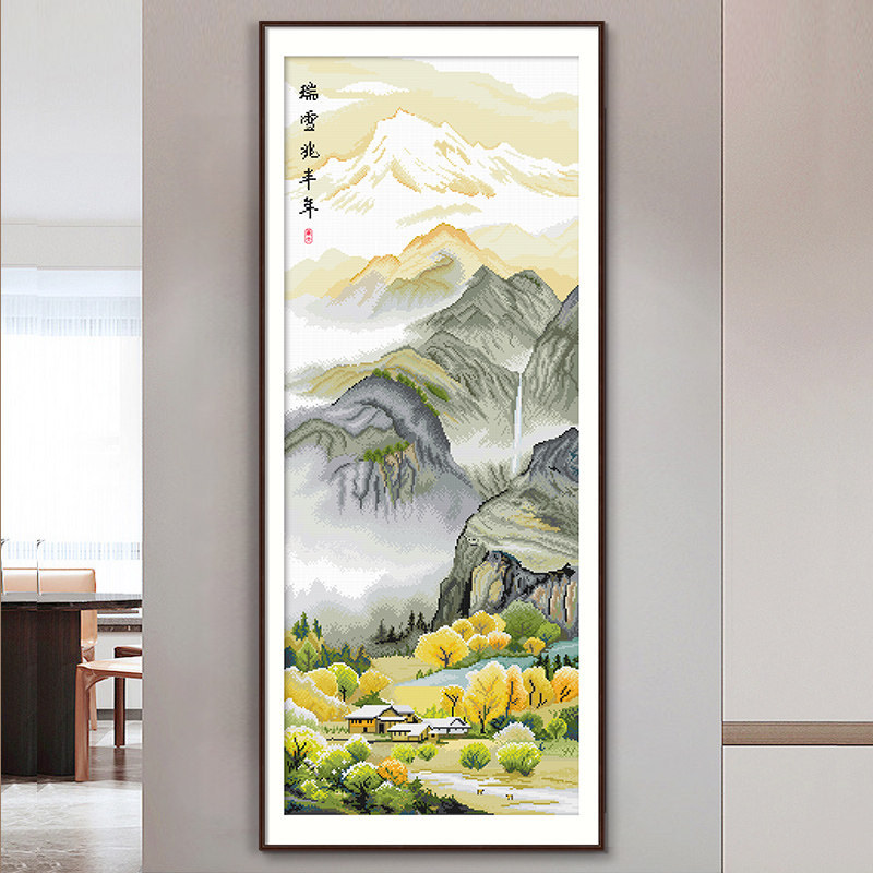Cross embroidered 2022 new scenic landscape painting line embroidered vertical version living room Xuanguan sharply handmade herself embroidered new Chinese