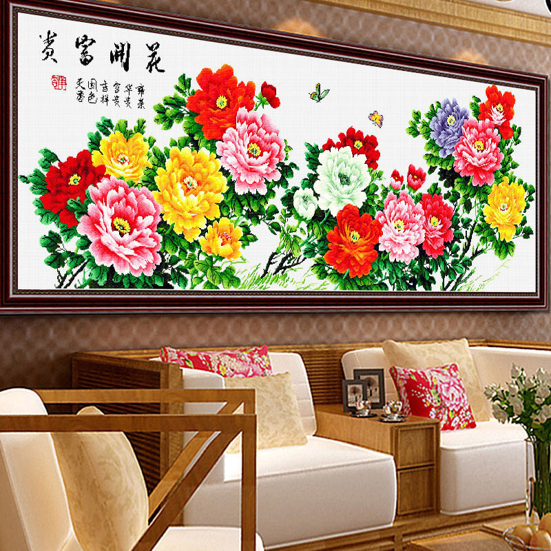 Cross embroidered 2022 new line embroidered six-ruler peony living-room sharp atmosphere flowers open rich and expensive yourself embroidered simple