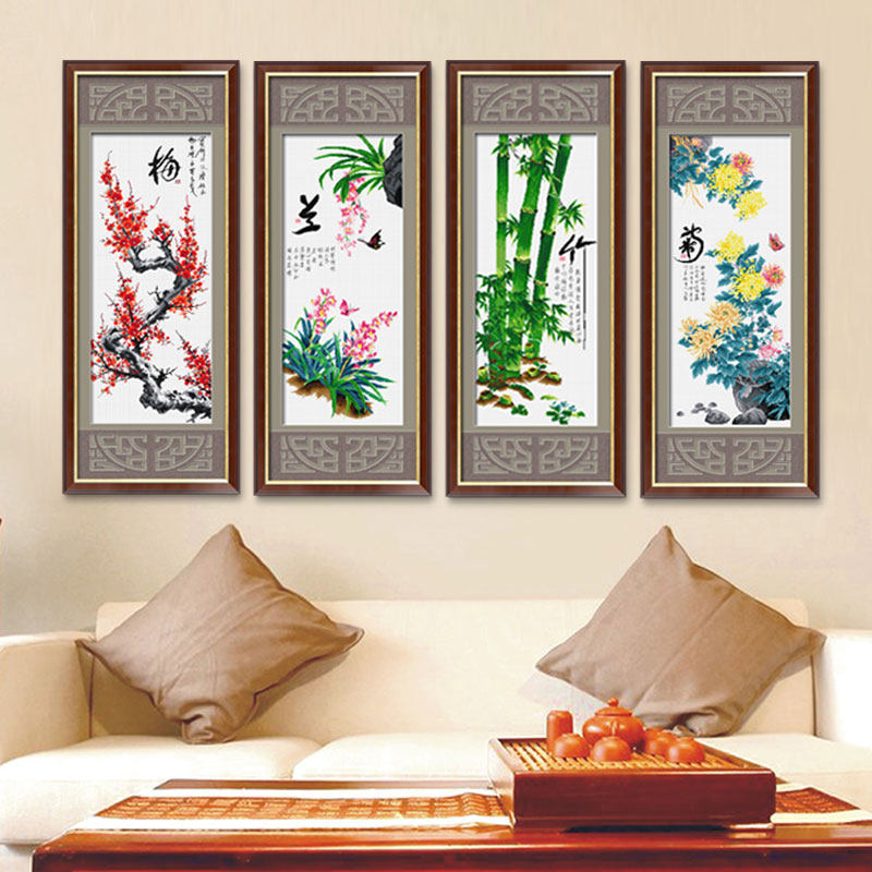 Spring cross stitch 2022 new thread embroidery plum orchid bamboo chrysanthemum four gentlemen living room quadruple hanging painting simple embroidery small