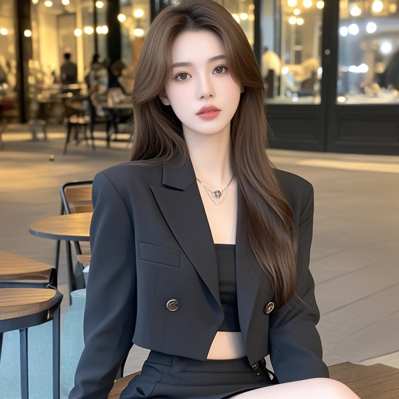 2025 Autumn New Cool and Elegant Black Lapel Long Sleeve Blazer Short Suit with Skirt Set