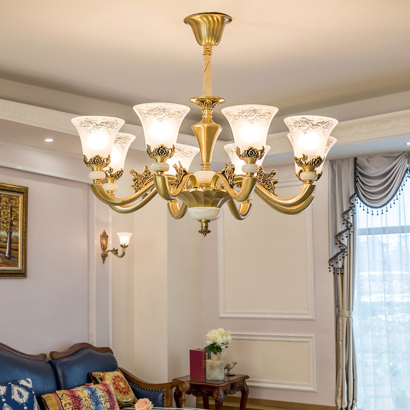 Luxury American all-copper living room chandelier European-style bedroom lamp art retro atmosphere copper lamp jade lamp dining room lighting