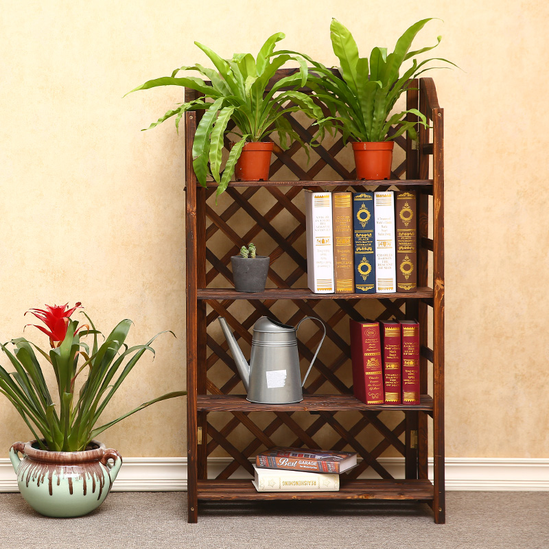 Carbonized anti-corrosion wood flower rack multi-layer bookshelf shoe rack solid wood rack outdoor balcony grid flower rack