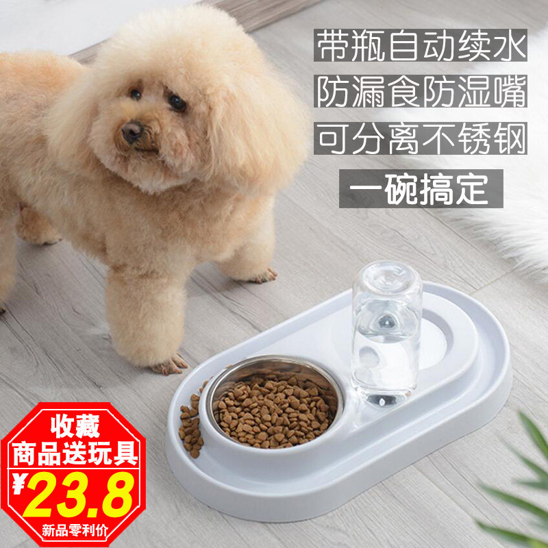Stainless steel dog bowl splash-proof and wet mouth pet bowl cute teddy non-slip double bowl automatic refill cat food bowl