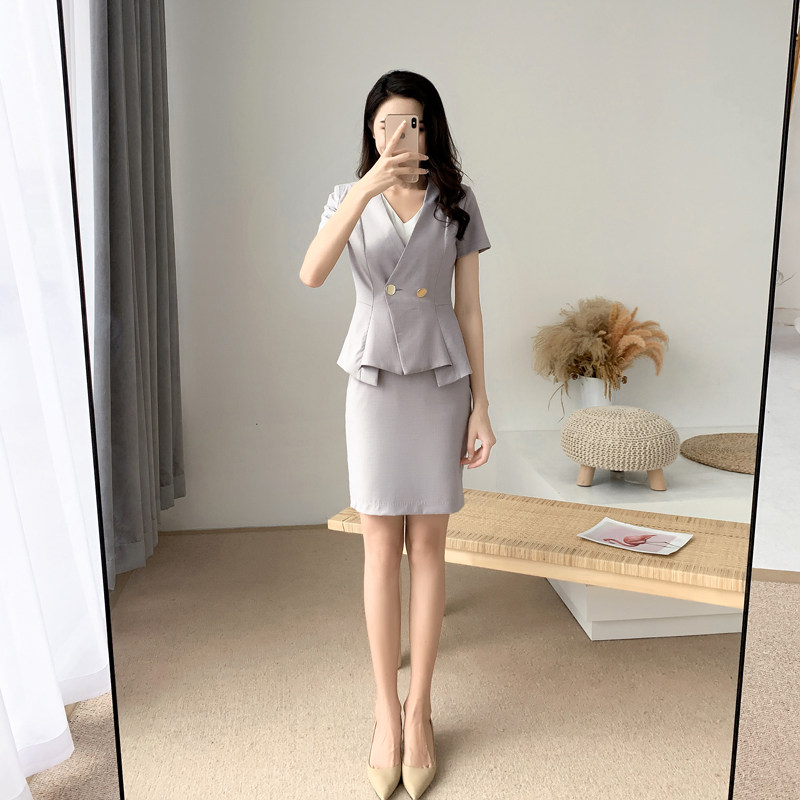 High-end professional suit grey female summer flight attendant Fan fashion version of Lean Temperament Interview Consultant Manager Working Dress-Taobao