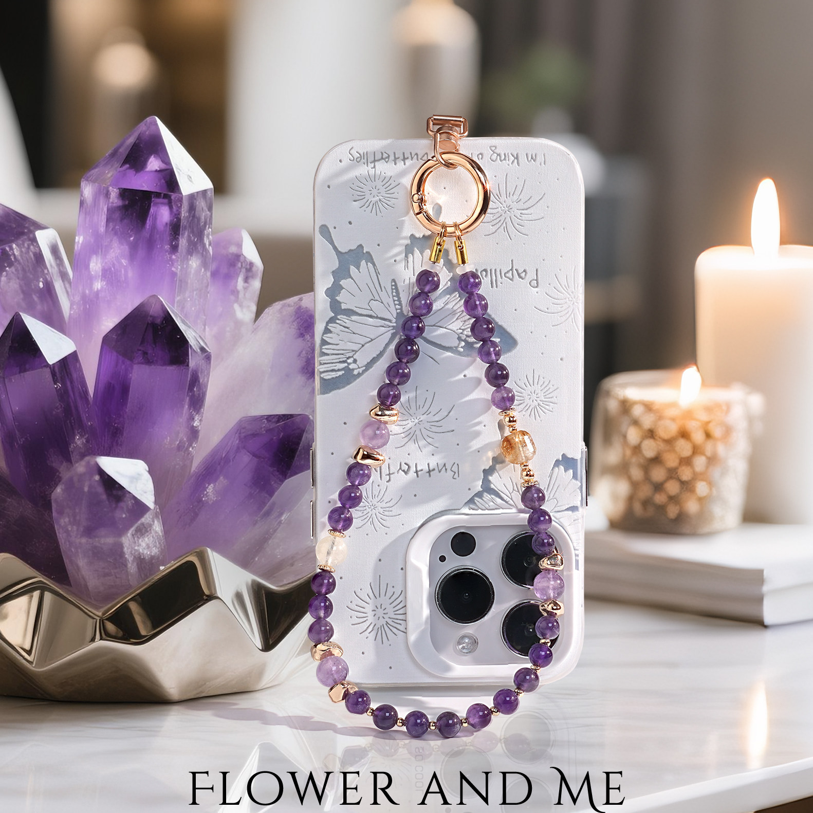 Natural crystal, amethyst alloy, zircon, exquisite steel cord for attracting wealth and good fortune, phone charm, car keychain.
