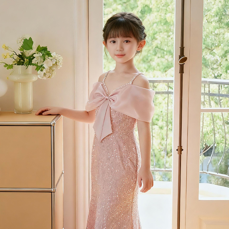 Girls' Piano Performance Dress, Pink Fishtail, Accessible Luxury, Niche, Classy, Kidsren's Birthday Party Host Princess Dress
