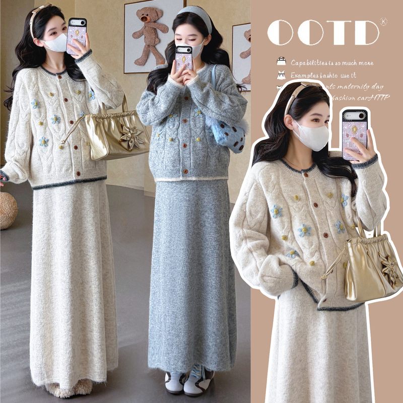Maternity Wear Autumn and Winter Set 2026 New Floral Embroidered Sweater Outfit Complete Set Stylish during Pregnancy Without Looking Bulky